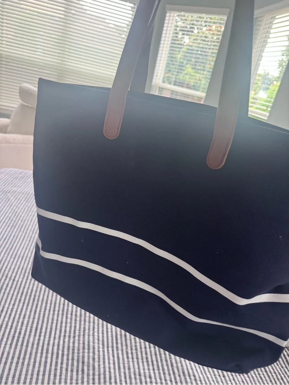 Navy Canvas Stripe Tote Bag with Brown Handles